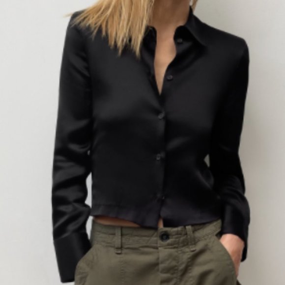 ZARA BLACK SHOULDER PAD SATIN EFFECT BUTTON DOWN SHIRT - Picture 2 of 14